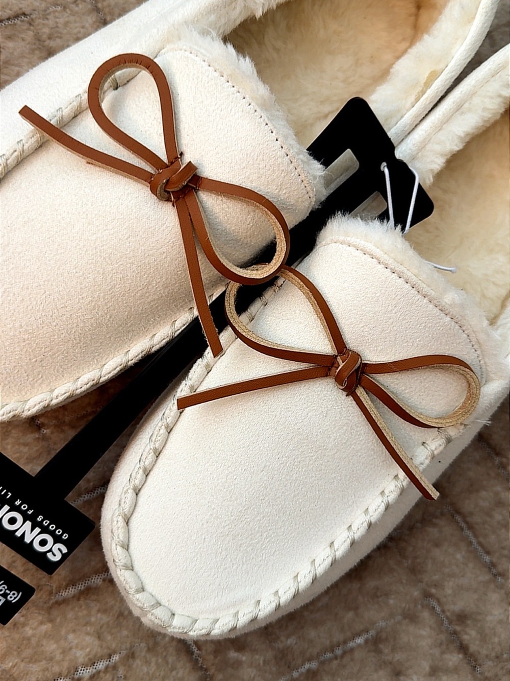 Sonoma Cream Faux-Shearling Moccasin Slippers with Brown bows - Picture 8 of 9